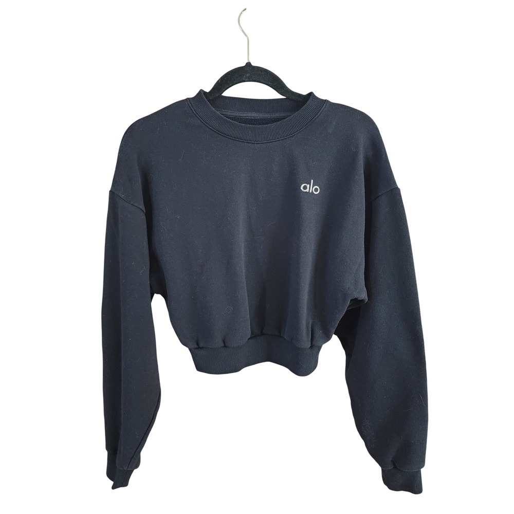 Alo Yoga Accolade Cropped Sweatshirt Black Pullover Fleece Crewneck XS S - Picture 4 of 5